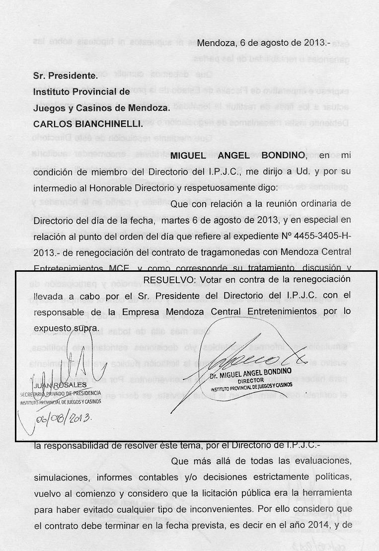 Carta Miguel Bondino Casino tragamonedas