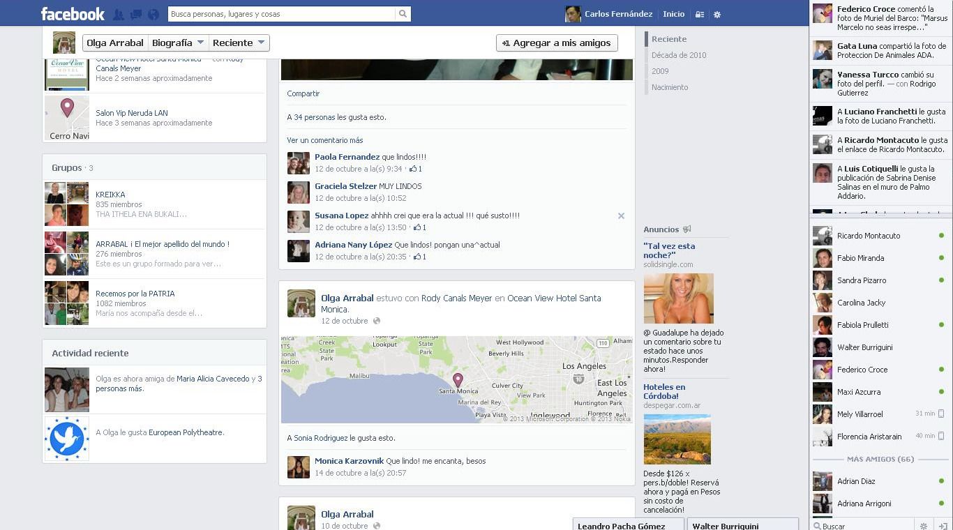 Olga Pura de Arrabal comentario en Facebook sobre Beberly Hills y fotos con Rody Canal Meyer en Ocean View Hotel Santa Monica new