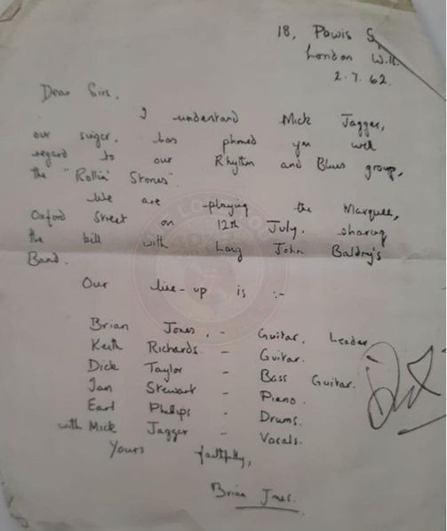 CARTA DE BRIAN JONES (GENTILEZA: 40X5 TRIBUTO BAR)