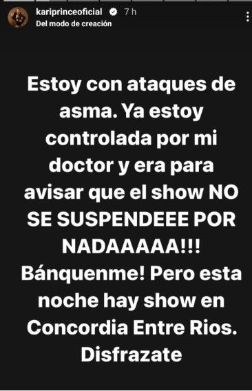 Karina preocupó en su cuenta de Instagram.