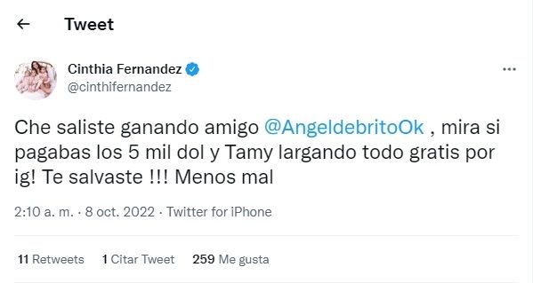 Tuit Cinthia Fernández contra Tamara Báez.