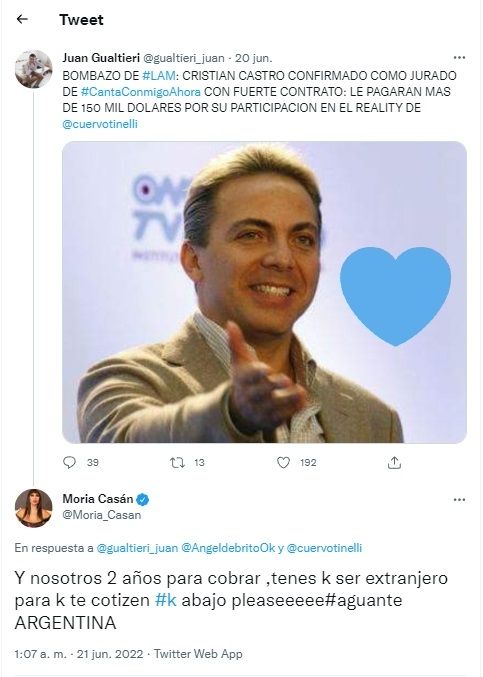 Tuit de Moria Casán contra Marcelo Tinelli.