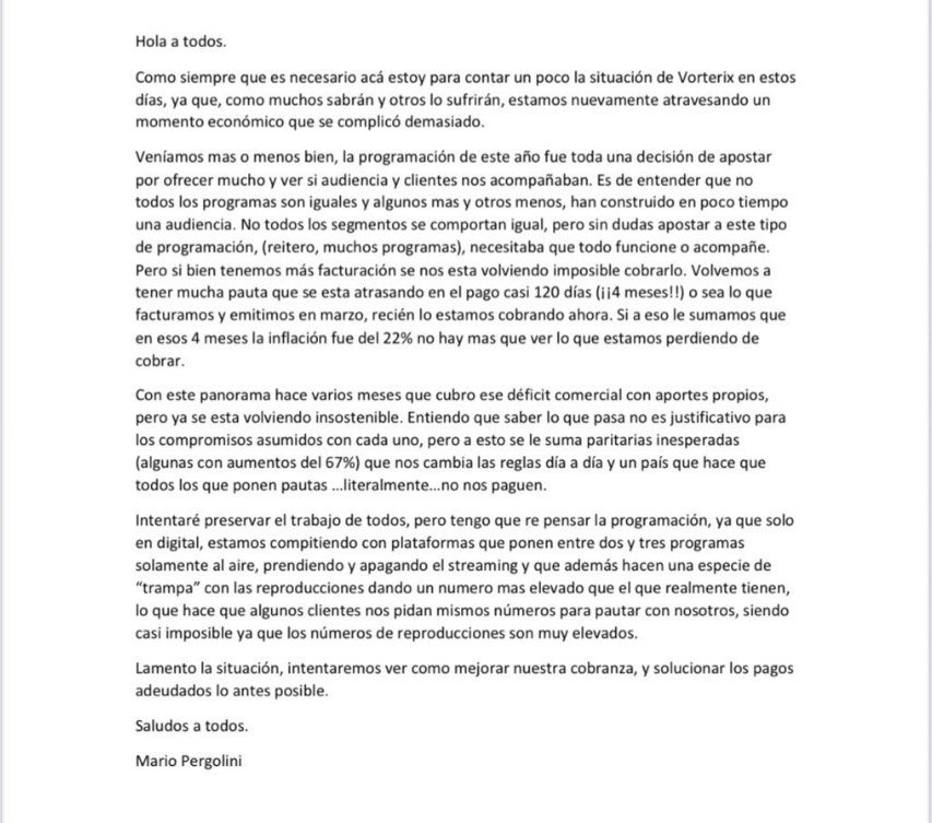 Carta de Mario Pergolini.