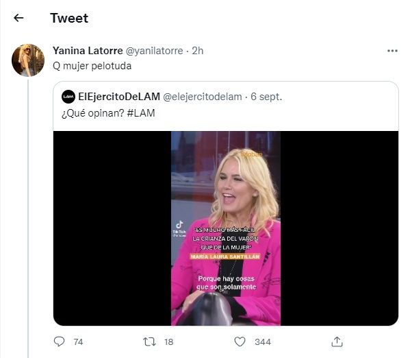 Tuit Yanina Latorre sobre Valeria Mazza.