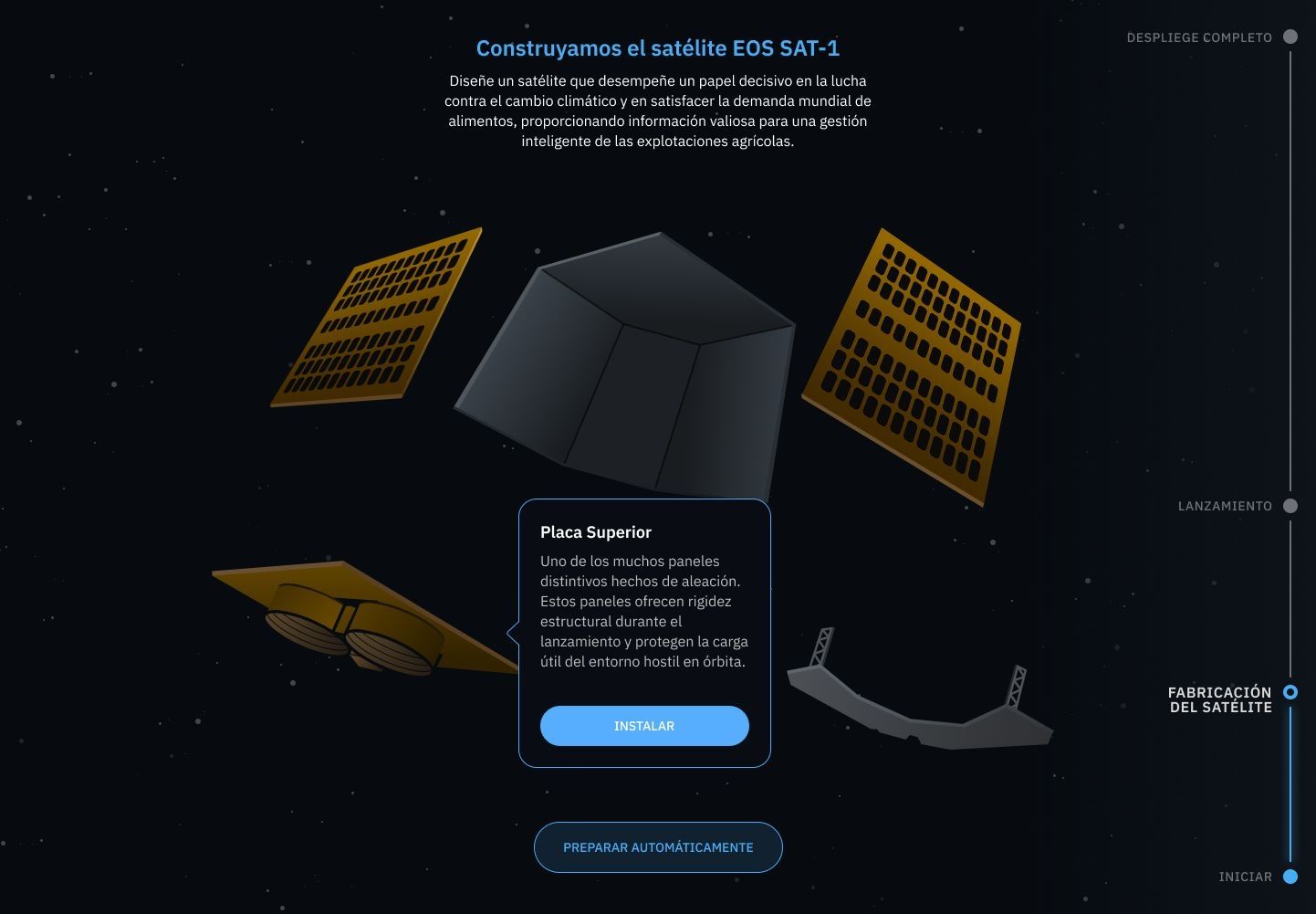 Al construir un satélite, el usuario aprende para qué sirve cada elemento. Imagen: EOS Data Analytics