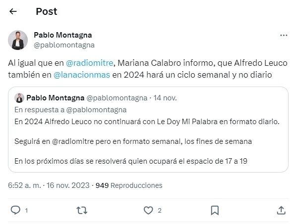 Tuit de Pablo Montagna sobre Alfredo Leuco. 