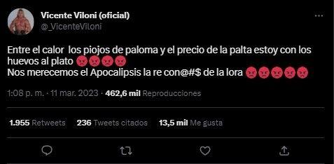 Vicente Viloni enojado en Twitter (Foto: Captura Twitter)