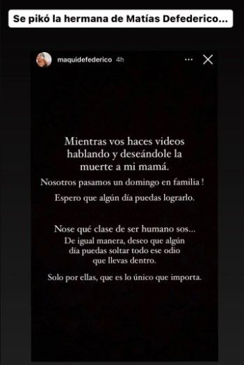 La respuesta de la familia de Matías Defederico a Cinthia Fernández (Foto: Captura Instagram).