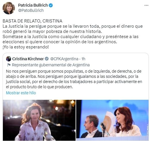 La respuesta de Bullrich a Cristina en Twitter