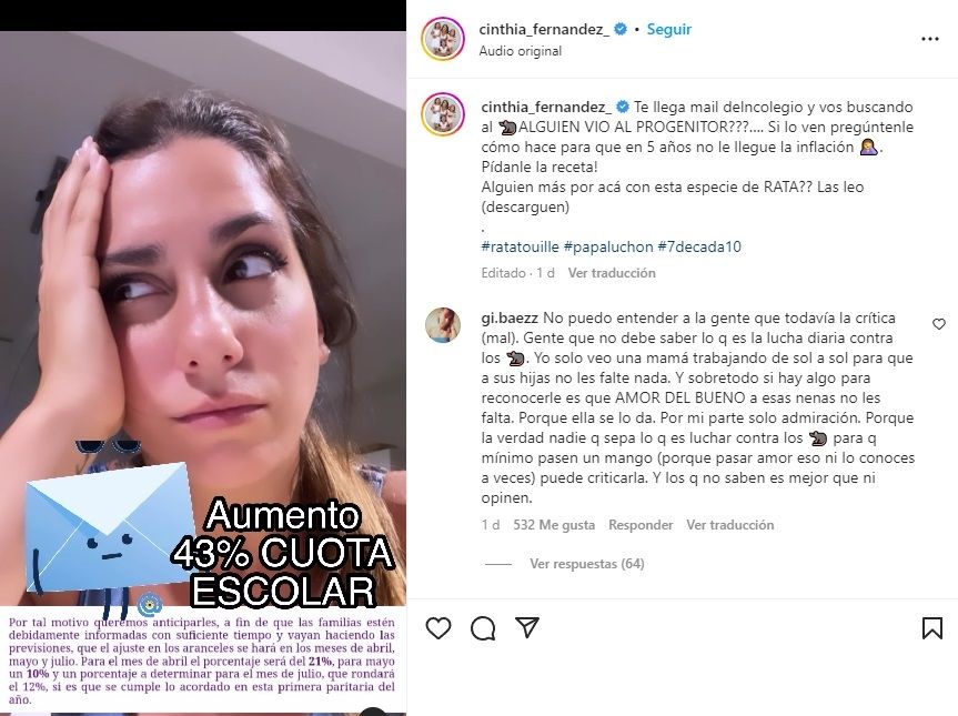 Posteo de Cinthia Fernández.