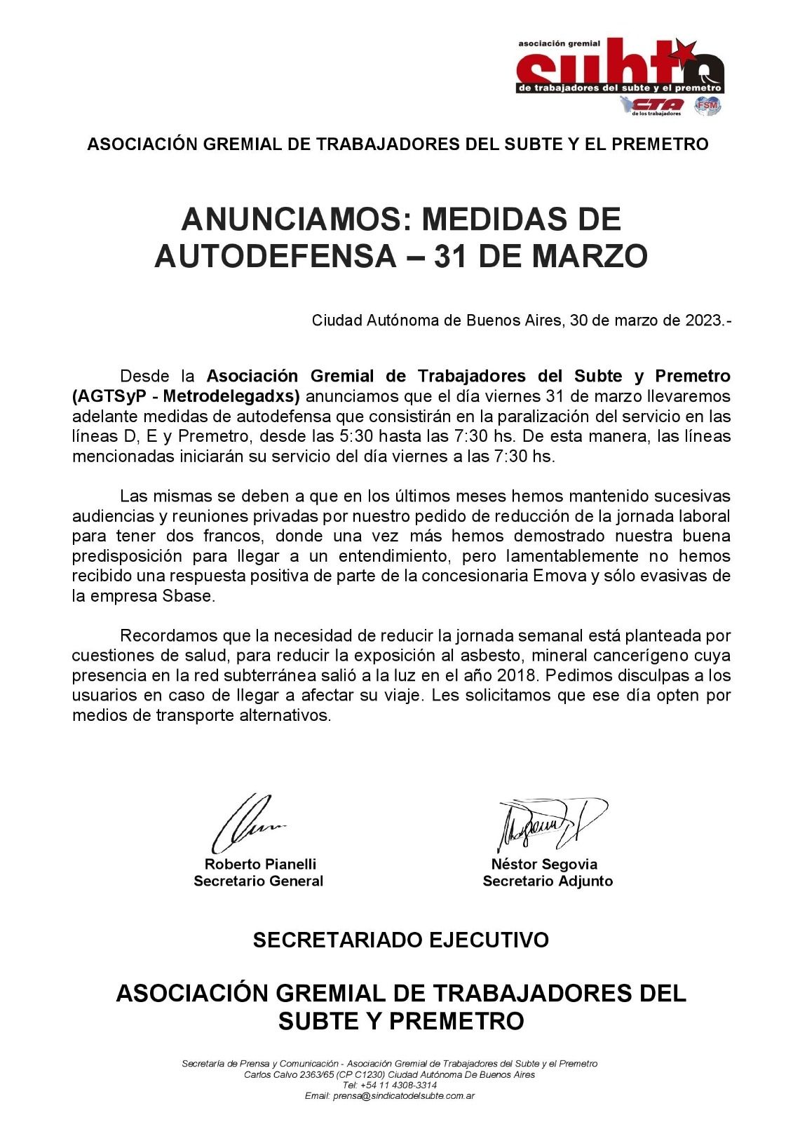 Comunicado trabajadores de subte