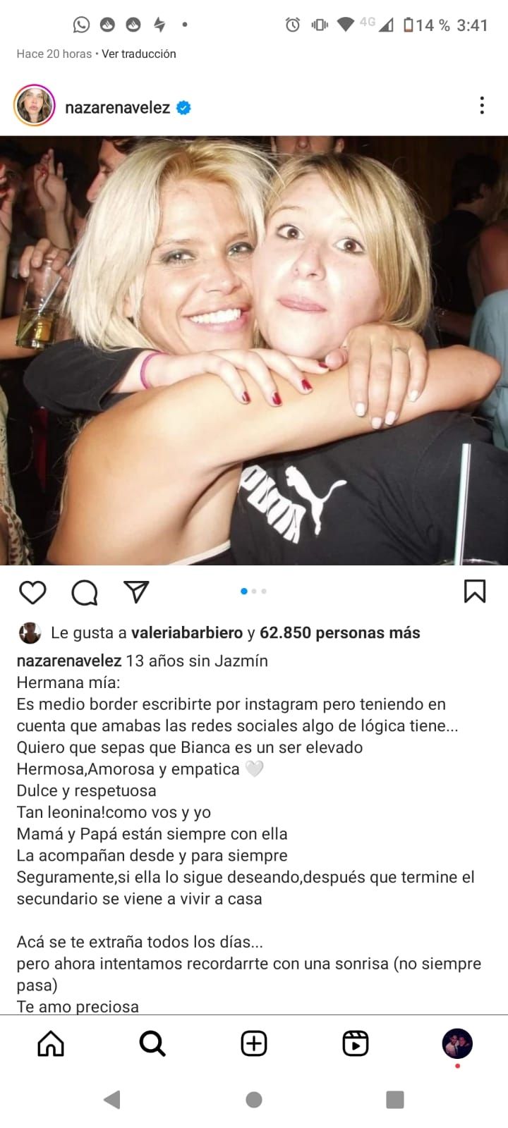 Nazarena Vélez recordó a su hermana Jazmín