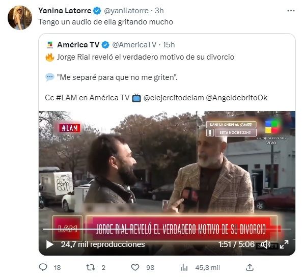 Tuit de Yanina Latorre.