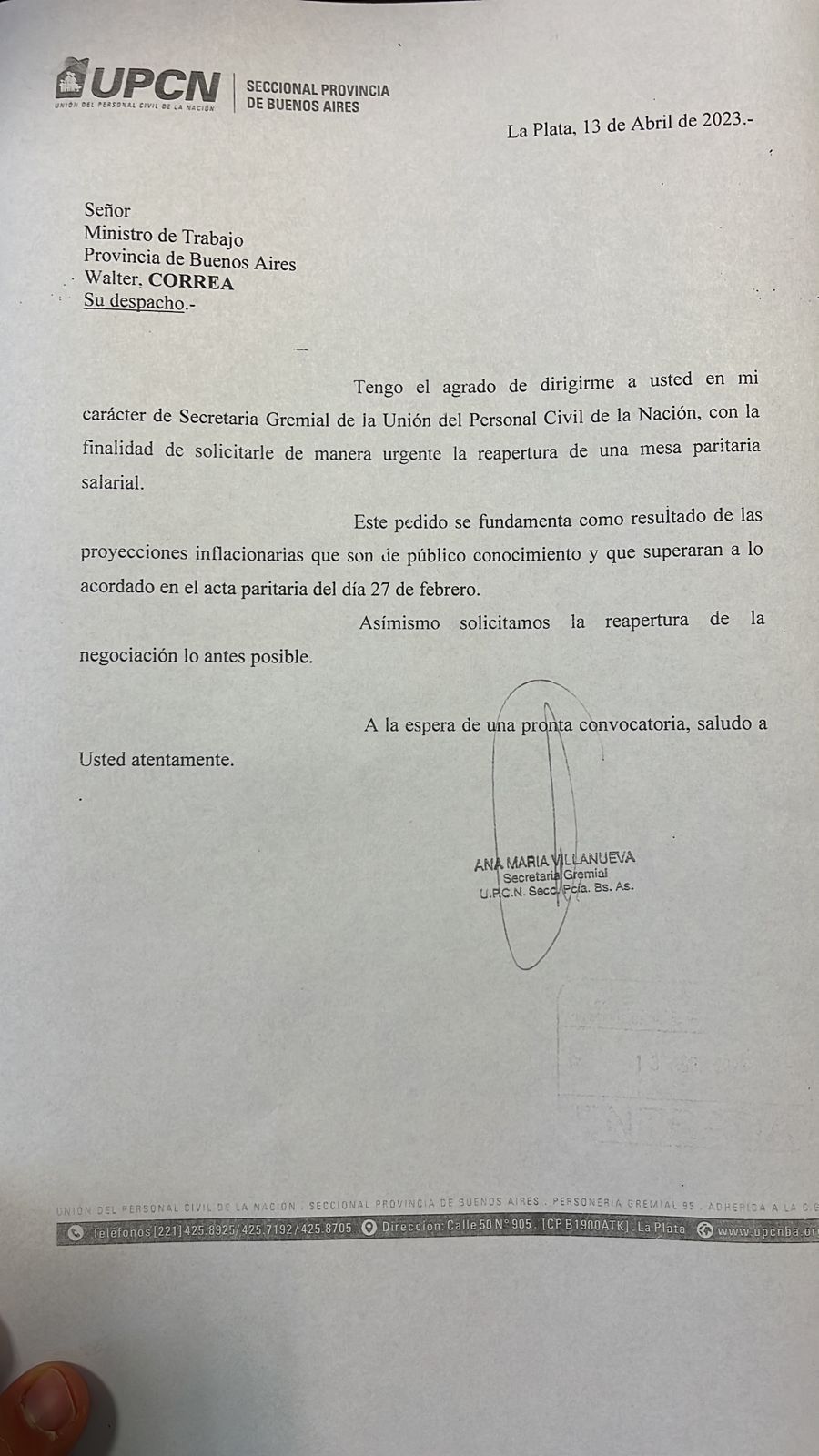Carta de UPCN Pcia de Bs As pidiendo reapertura paritaria