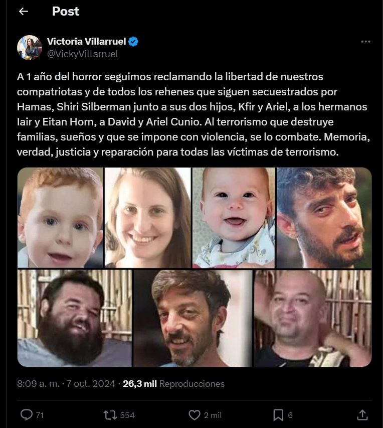 El pedido de la vicepresidenta Victoria Villarruel por los rehenes argentinos secuestrados en Gaza