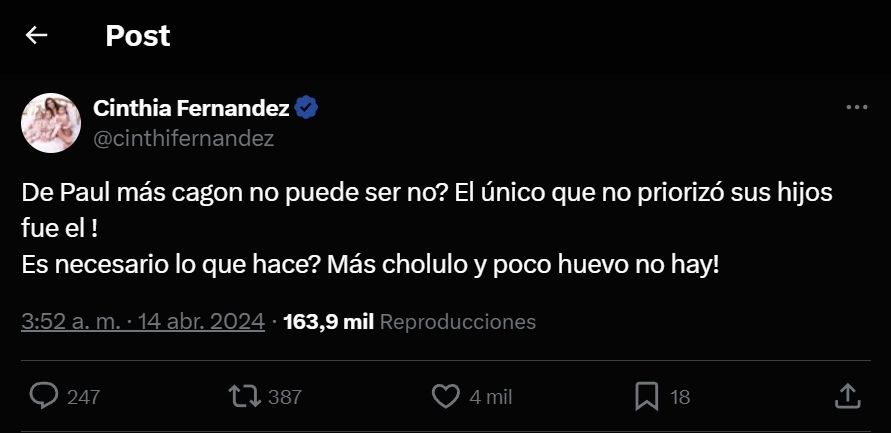 El tuit de Cinthia Fernández contra Rodrigo de Paul.
