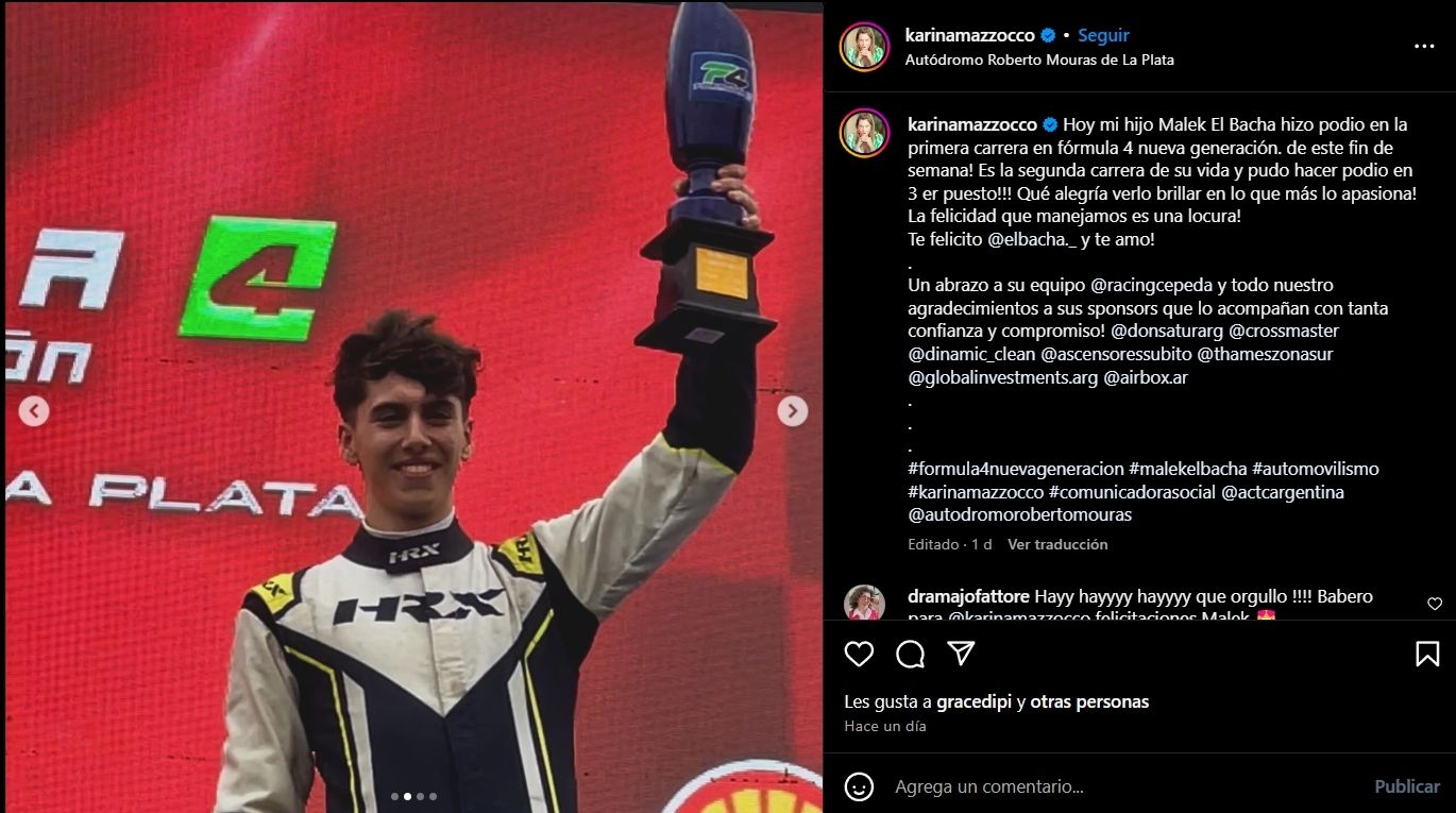 Karina Mazzocco celebró el primer logro de su hijo como piloto.