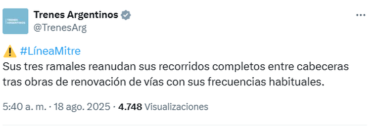 El anuncio de Trenes Argentinos por el restablecimiento del servicio del Tren Mitre. El anuncio de Trenes Argentinos por el restablecimiento del servicio del Tren Mitre.
