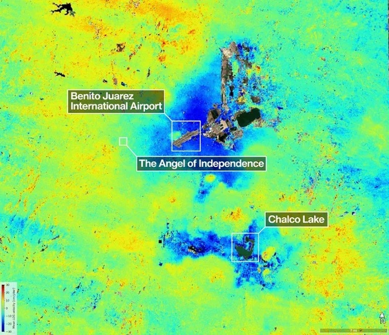 En azul las zonas de la ciudad que se hunden a un ritmo superior de 2 centímetros al mes. En azul las zonas de la ciudad que se hunden a un ritmo superior de 2 centímetros al mes. 