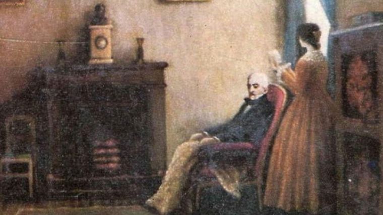 San Martín y una pintura de su vida en el exilio, junto a Merceditas.