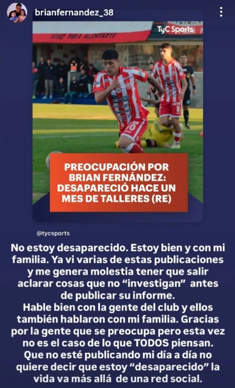 El mensaje de Brian Fernández en sus redes El mensaje de Brian Fernández en sus redes