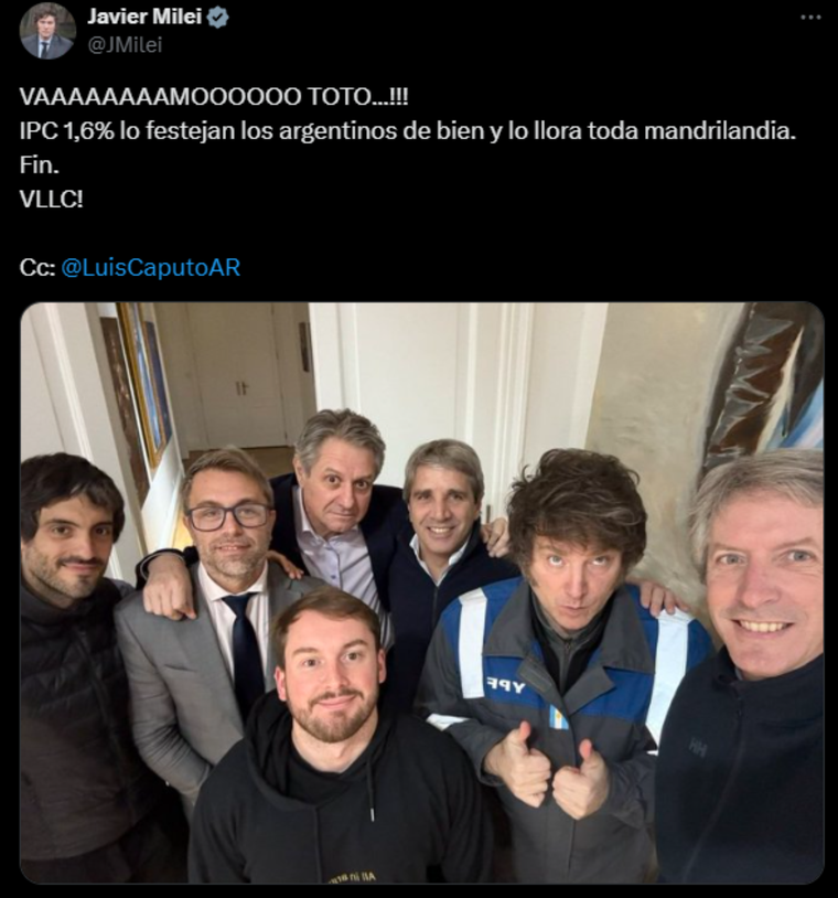 El posteo del presidente de la Nación felicitando a Luis Caputo El posteo del presidente de la Nación felicitando a Luis Caputo