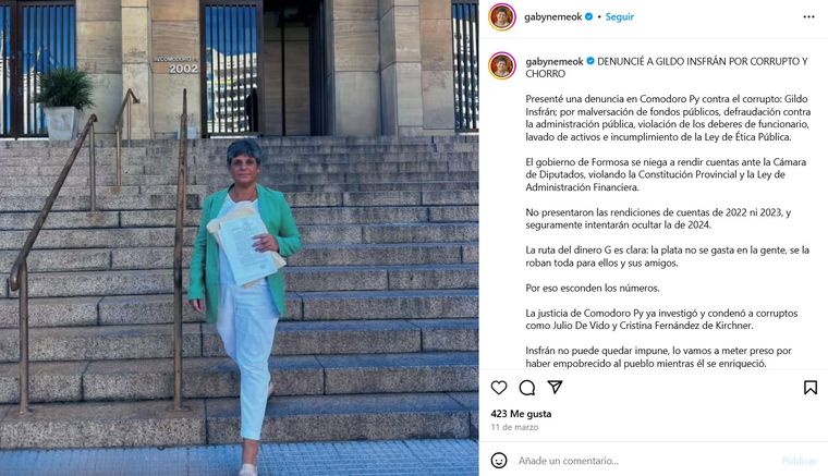 Gabriela Neme denunció a Insfrán por malversación de fondos. Gabriela Neme denunció a Insfrán por malversación de fondos.