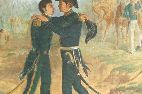 El abrazo de San Martín con Belgrano, una postal que emociona. Foto: Instituto Nacional Sanmartiniano