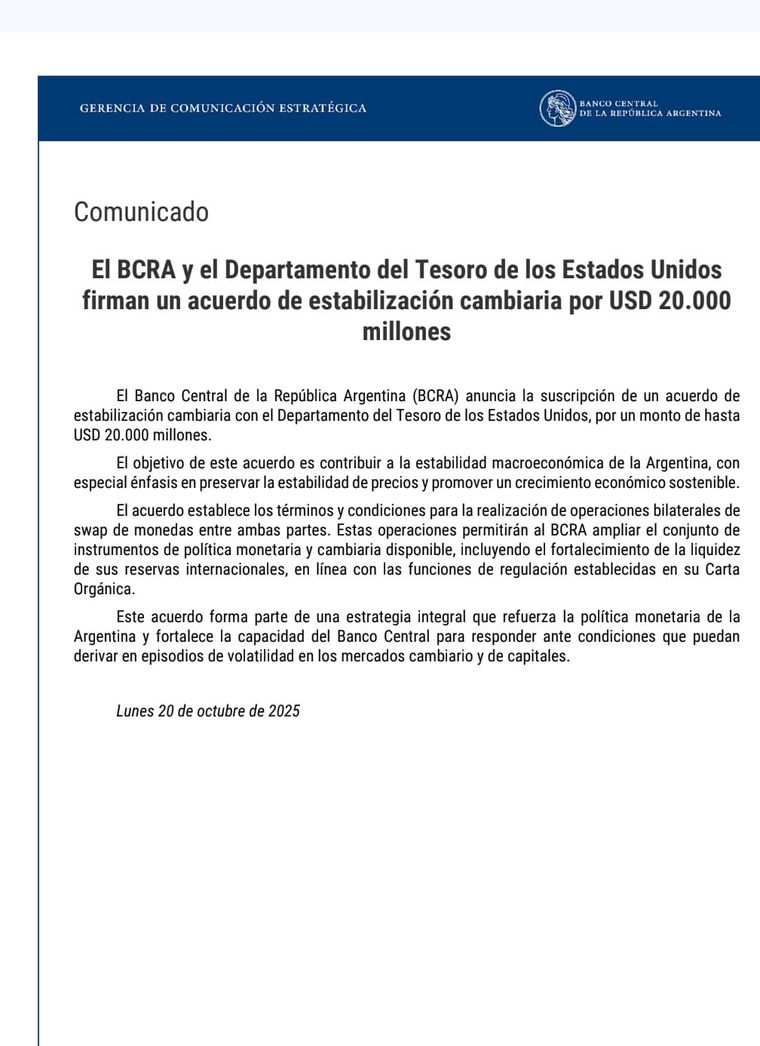 El comunicado que public&oacute; el Banco Central sobre el swap de monedas con el Tesoro de los Estados Unidos.