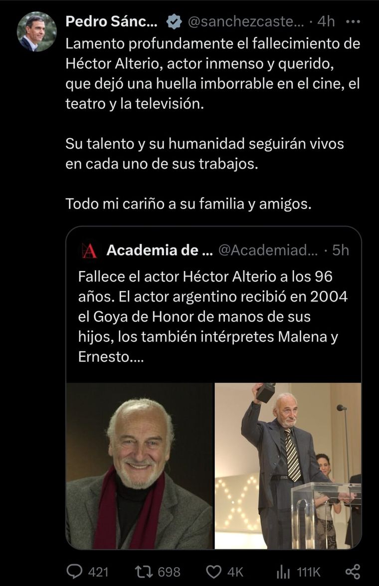 El Presidente de España, Pedro Sánchez, expresó su tristeza en un posteo. El Presidente de España, Pedro Sánchez, expresó su tristeza en un posteo.