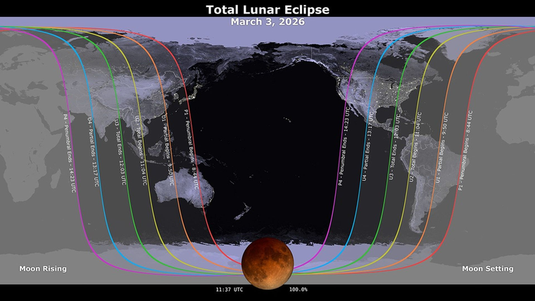 Un mapa de la NASA muestra en qué regiones del mundo se verá cada tramo del eclipse lunar del 3 de marzo. Un mapa de la NASA muestra en qué regiones del mundo se verá cada tramo del eclipse lunar del 3 de marzo.
