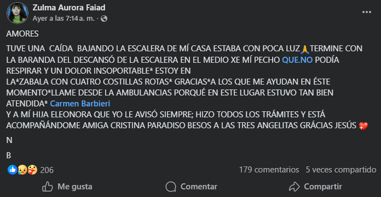Zulma Faiad se cayó en la escalera de su casa y se fracturó las costillas. Zulma Faiad se cayó en la escalera de su casa y se fracturó las costillas. 