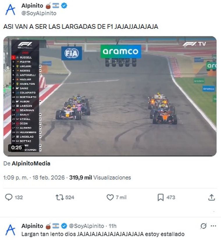 El posteo por las largadas en la Fórmula 1 2026 generó gran repercusión en X. El posteo por las largadas en la Fórmula 1 2026 generó gran repercusión en X.