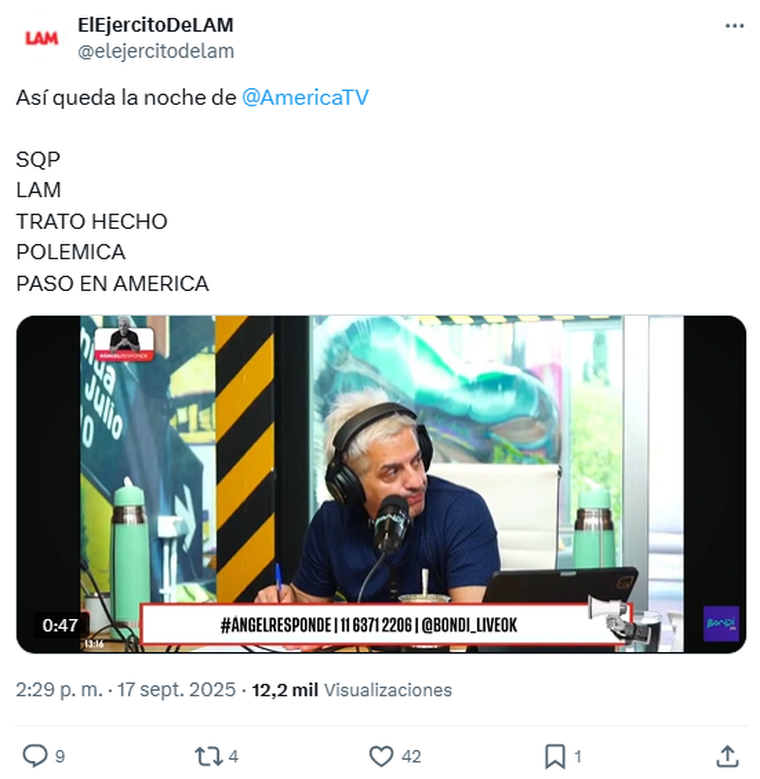 Así queda la grilla de canal América con el regreso de Polémica en el Bar. Foto: captura de pantalla Twitter/ @elejercitodelam. Así queda la grilla de canal América con el regreso de Polémica en el Bar. Foto: captura de pantalla Twitter/ @elejercitodelam. 