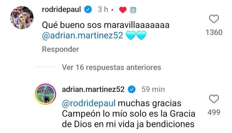 El comentario de De Paul a Maravilla Martínez por su gol ante Fortaleza. Foto: Instagram El comentario de De Paul a Maravilla Martínez por su gol ante Fortaleza. Foto: Instagram