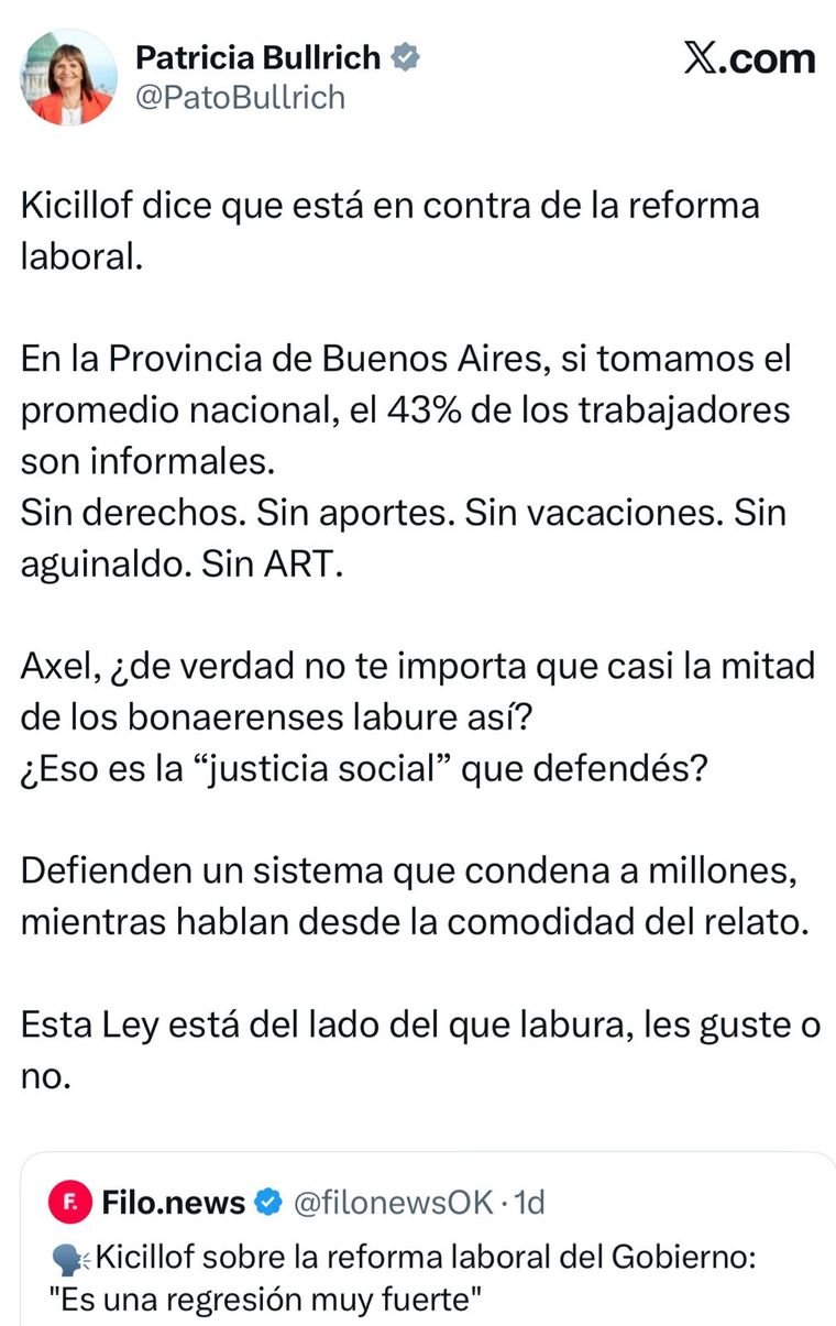 La senadora Patricia Bullrich cargó contra Axel Kicillof por sus críticas a la reforma laboral.