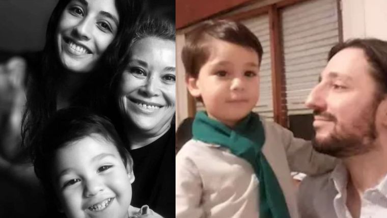 A la izquierda, Pedro Rodríguez Laurta junto a su mamá Luna Giardina y su abuela Mariel Zamudio, víctimas del doble femicidio que habría ejecutado su papá Pablo, a la derecha de la foto.