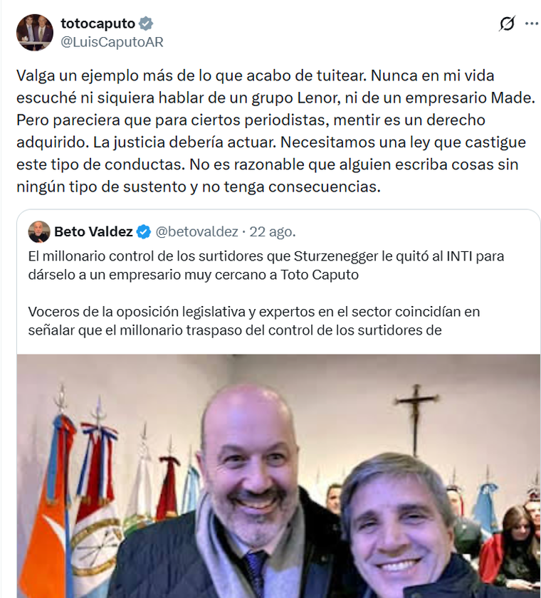 Lo que escribió Luis Caputo en su cuenta de X. Lo que escribió Luis Caputo en su cuenta de X.