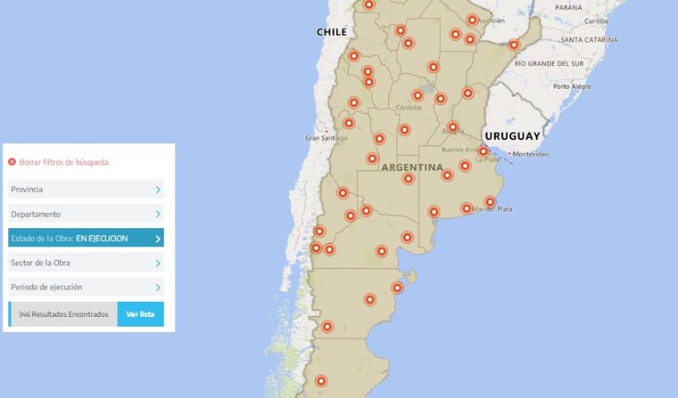 Mapa de las obras públicas en ejecución en Argentina. Foto: https://mapainversiones.obraspublicas.gob.ar/
