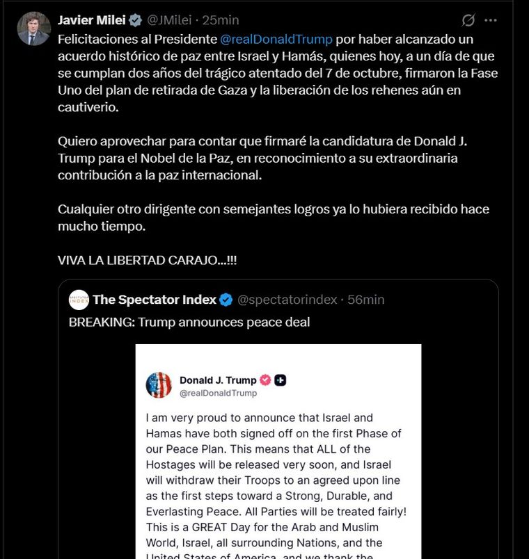 El nuevo posteo de Milei sobre Trump El nuevo posteo de Milei sobre Trump