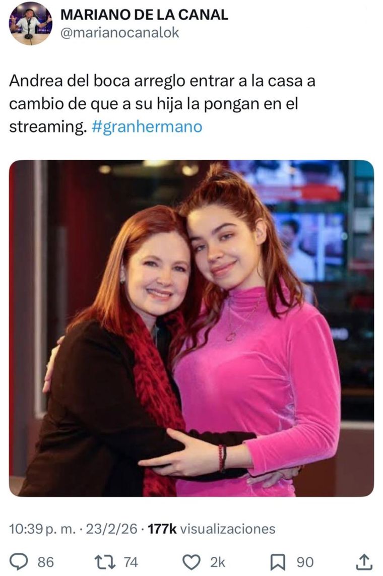 Mariano de la Canal aseguró que la actriz entró al reality a cambio de que Anna Chiara del Boca, hija de la artista, ingrese al streaming del programa. Mariano de la Canal aseguró que la actriz entró al reality a cambio de que Anna Chiara del Boca, hija de la artista, ingrese al streaming del programa.