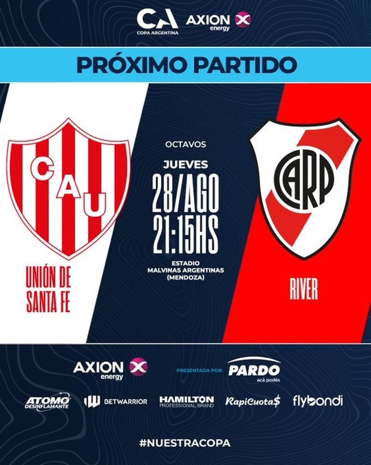 River y Unión se medirán en Mendoza por los octavos de final de la Copa Argentina. River y Unión se medirán en Mendoza por los octavos de final de la Copa Argentina.