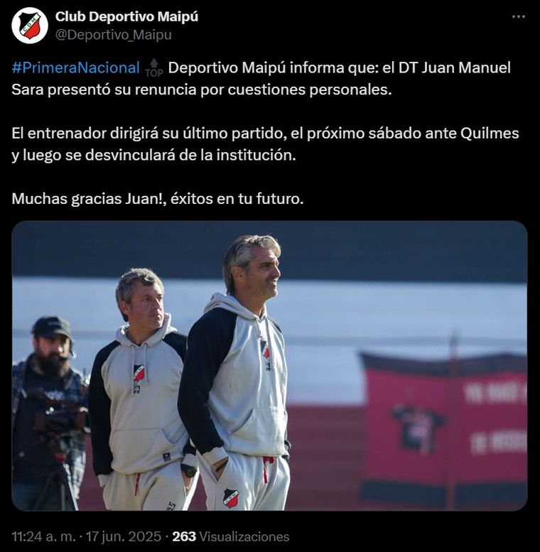 El comunicado de Maipú en sus redes. El comunicado de Maipú en sus redes.