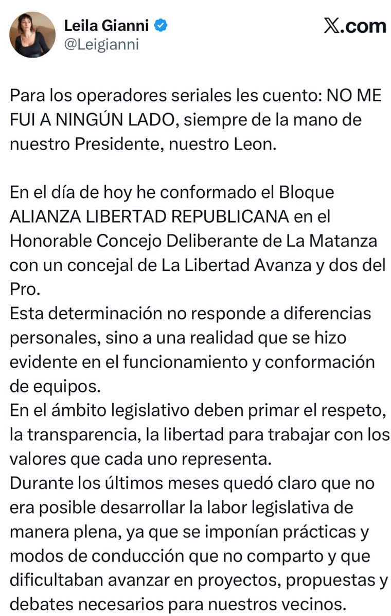 Leila Gianni rompió el bloque de La Libertad Avanza en el Concejo Deliberante de La Matanza el mismo día de su jura. Leila Gianni rompió el bloque de La Libertad Avanza en el Concejo Deliberante de La Matanza el mismo día de su jura.