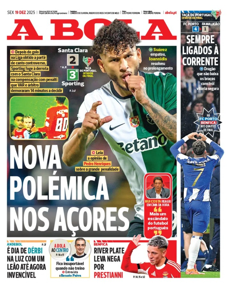 La tapa del diario A Bola sobre la postura que tomó el Benfica con Prestianni. La tapa del diario A Bola sobre la postura que tomó el Benfica con Prestianni.