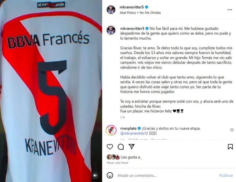 Matías Kranevitter y su carta en Instagram para despedirse de River Matías Kranevitter y su carta en Instagram para despedirse de River