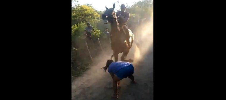 La mujer a punto de ser atropellada por el caballo de carreras