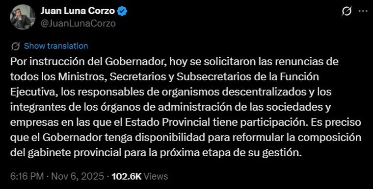 El poste del jefe de Gabinete riojano que anunció la nueva medida de Quintela: Fuente: X El poste del jefe de Gabinete riojano que anunció la nueva medida de Quintela: Fuente: X