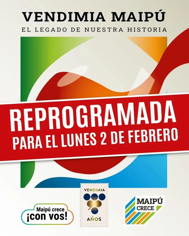 La municipalidad de Maipú compartió en redes sociales la reprogramación de la Vendimia departamental. La municipalidad de Maipú compartió en redes sociales la reprogramación de la Vendimia departamental.