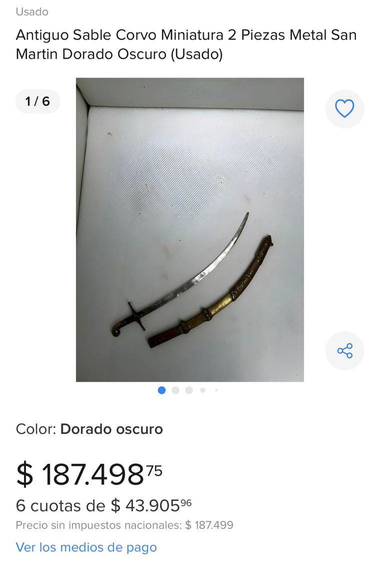 Réplica del sable de San Martín en Mercado Libre. Foto: captura de pantalla Mercado Libre. Réplica del sable de San Martín en Mercado Libre. Foto: captura de pantalla Mercado Libre.